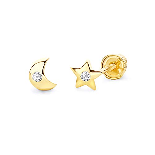 Wellingsale 14K Yellow Gold Polished Moon And Star Stud Earrings With Screw Back