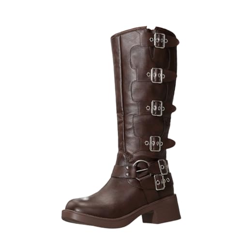 Moto Boots Women Square Toe Pull On Boots Wide Calf Riding Boots Fashion Buckles Chunky Boots Metallic Casual Vintage Buckle Rivet Boots, Brown, 8