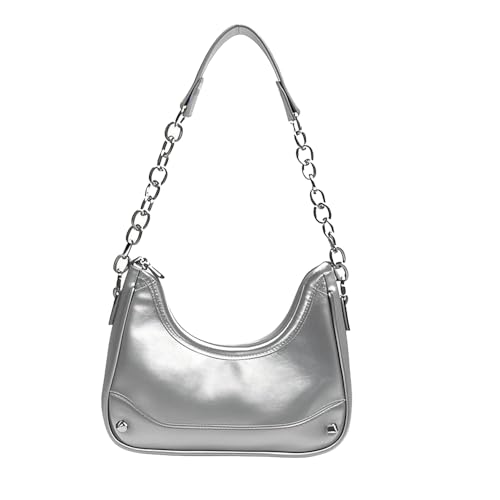 small hobo shoulder bag for women metallic handbag with chain strap crescent purse