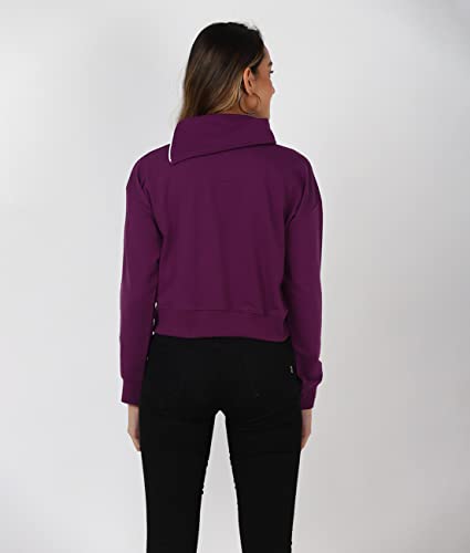 Image of UrbanMark Women High Neck Text Printed Crop Sweatshirt with Shoulder Zip-Purple
