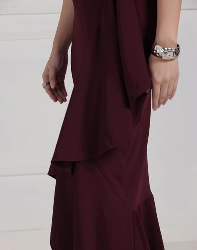 Image of Selvia Wine Flutter Sleeve Bodycon Midi Dress for Women, V-Neck Ruffle Hem Outfit