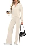 WIHOLL Travel Outfits for Women 2 Piece Sets Fall Clothes Business Casual Airport 70s Outfits 2025 Going Out Trendy Long Sleeve Sweatsuits Active Wear Winter Clothing Beige 2XL