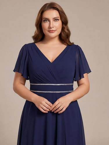 Image of Ever-Pretty Plus Women's Chiffon V-Neck Beading Ruffles Sleeves Maxi High Low Plus Size Formal Dresses