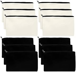 Belle Vous 12 Pack Canvas Zipper Bags - Multipurpose Bags for DIY Craft - Blank Pouches for Women and Men - Travel Toiletry Organiser Ideal for Cosmetics, Makeup, Pencil Case, Coins, and Accessories