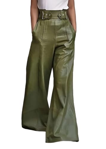 CHARTOU Women High Waist PU Faux Leather Pants Baggy Wide Leg Flare Pants Casual Bell Bottoms Trouser