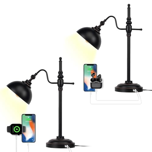 JCPYIUL Lampe de Bureau Vintage de 2, Lampe de Chevet Industrielle avec Ports de Charge USB-A + USB-C, Lamp de Table Rustique en Métal Noir pour Chambrer...