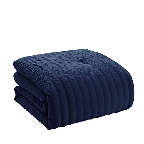 Image of Queen Comforter Set 8 Piece Bed in a Bag with Bed Skirt, Fitted Sheet, Flat Sheet, 2 Pillowcases, 2 Pillow Shams, Queen, Seersucker Navy