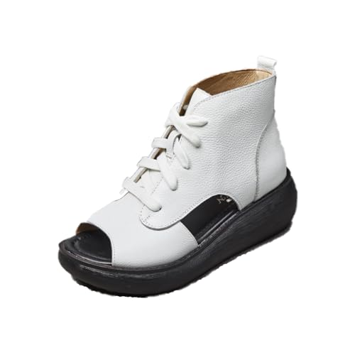 Women's Leather Hollow Out High Top Platform Roman Sandals Lace Up Chunky Wedge Fish Mouth Gladiator Sandals Summer Comfortable Soft Sole Anti Slip Open Toe Boot Sandals