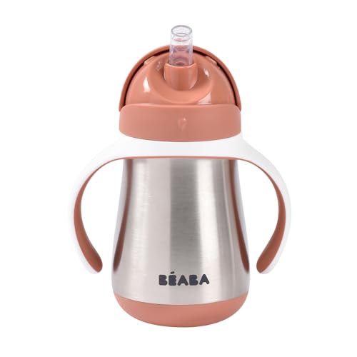 Béaba Vaso de Aprendizaje con Boquilla para Bebe, Biberón hermético, Taza Antigoteo con pajita, Antiderrame, 2 en 1, Asas extraíbles, Resistente, Inox, 250 ml, Terracotta