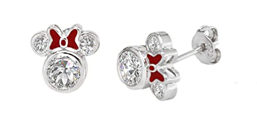 Kaguyo Minnie Mouse Ohrringe, 925 Sterling Silber Amethyst weiß Blau rosa Zirkonia Mickey Mouse Ohrstecker für Frauen Mädchen, Geburtstagsgeschenk (rote Emaille Schleife)