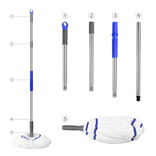 Image of Self Wringing Mop - Easy Squeeze Twist Mop with 52.5 Inch Long Handle, Heavy Duty for Hardwood, Tile, Vinyl & Laminate Floors (White-2 Head)