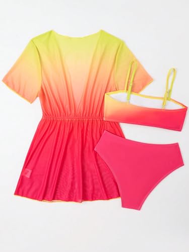 OYOANGLE Girl's 3 Piece Bikini Sets Ombre High Waist Bikini Bathing Suit with Kimono Swimwear2