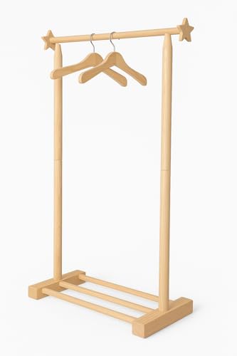 GRECA Perchero infantil para perchas de madera. En madera natural, para decorar. Medidas (ancho/fondo/alto): 62 * 26 * 100 cm. La parte de abajo (la base) mide 49,5 cm.