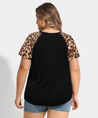 Image of CARCOS Plus Size Tops for Women Short Sleeve Raglan Striped Tee Color Block Crewneck /V Neck Tunic Loose Fit Summer XL-5XL