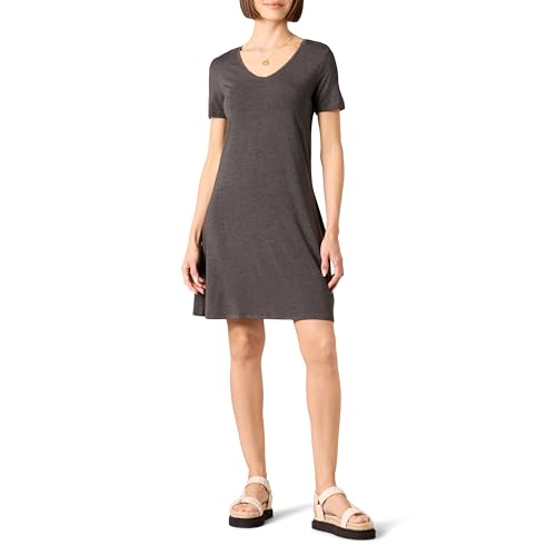 Image of Amazon Essentials Women's Regular Short-Sleeve V-Neck Mini A-line Swing T-shirt Dress, Charcoal Heather, Medium