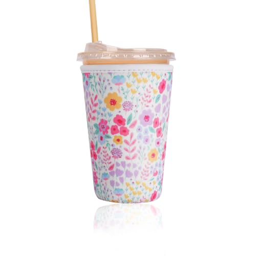 Image of Reusable Insulated Sleeve for Iced Coffee Cup, Coffee Neoprene Sleeve for Cold & Hot Drinks, Beverage Holder for Iced Coffee (Pastel Florals, Medium: 22-24oz)