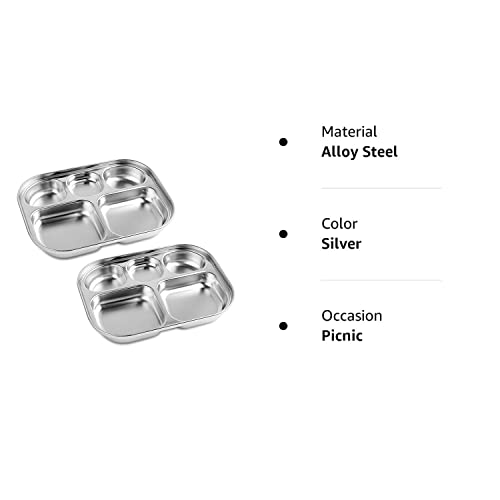 Stainless Steel Divided Plates Tray, 5 Section, Kids Toddlers Babies Small Size, Compact Serving Platter, Dinner Snack, Camping Dishes (2 Pack) #TOP6