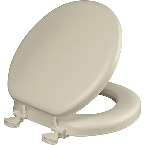 Mayfair Padded Toilet Seat, Cushioned Soft Vinyl over Wood Core Seat, Secure Hinges, Easy Clean, Made in USA, Round, Bone