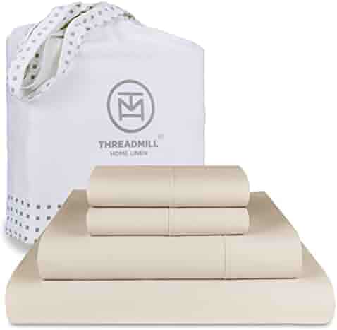 Threadmill 100% Cotton Sheets for Queen Size Bed - 600 Thread Count Queen Bed Sheets Set with 16” Deep Pocket - Sateen Weave 4-Piece Bedding Set with Cooling Effect, Beige