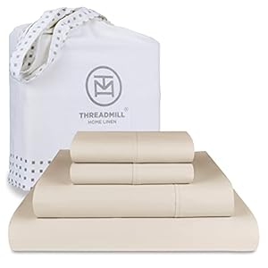 Threadmill Luxury Supima Cotton Sheets, Luxury 1000 Thread Count Soft 100% Cotton Sheets for Queen Size Bed, 4 Pc Beige Bed Queen Set, 5-Star Hotel Quality Elasticized Deep Pocket Bed Sheets Set