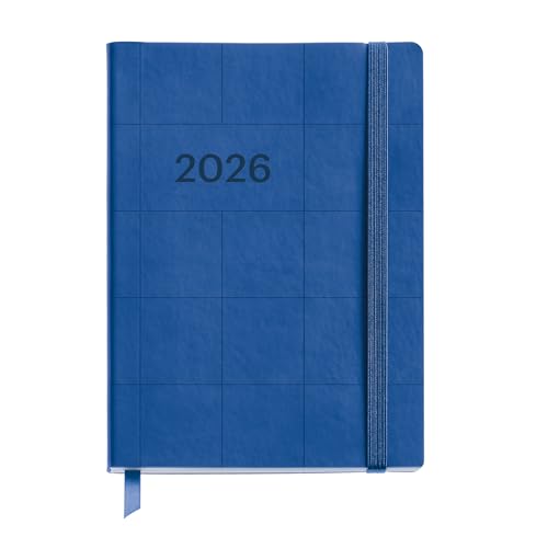 Miquelrius - Agenda 2026 día por página, Flexible y fácil de llevar (122 x 168 mm), Cubierta cosida suave tipo piel, Papel 80 g/m², Planificación diaria, Español-EN-PT, Cuadros azul marino