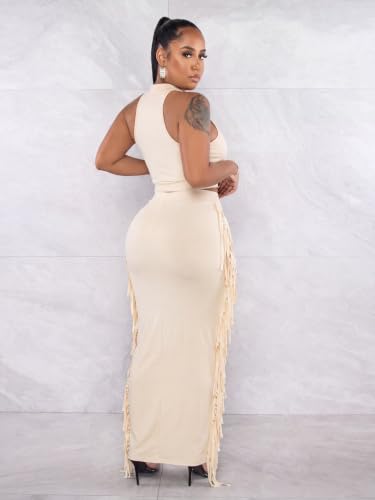 Image of 2 Piece Outfits for Women Sexy Halter Neck Sleeveless Crop Tops Ruched Bodycon Dresses Jumpsuits Fringe Skirt Sets