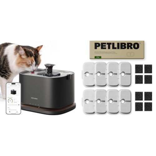 Image of Bundle of PETLIBRO Cat Water Fountain Stainless Steel Tray, Cordless Cat Fountain Battery Operated, 3L /101oz Pet Water Fountain App Monitoring+ PETLIBRO Cat Water Fountain Filter Replacement, 8 Packs