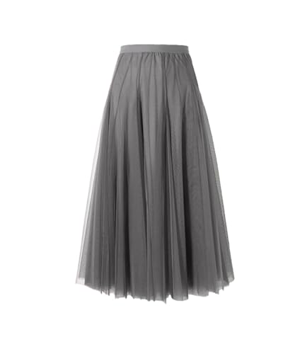 BrightGlow Langer Maxi-Tüllrock Damen A-Linie Midi Rock Unterrock Lagenrock Faltenrock Damen-Tüllrock mit hoher Taille Bühnenkleid Mesh Tutu Röcke für Hochzeit Party Grau XXL