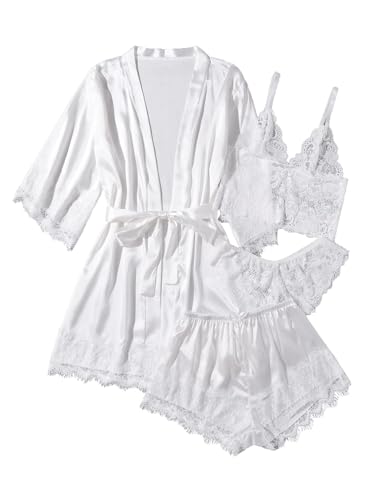 SOLY HUX Women's Satin Pajama Set 4pcs Floral Lace Trim Cami Lingerie Sleepwear with Robe