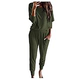 Ansenesna Hausanzug Damen Winter Elegant Bekleidungsset Zweiteilig Frauen Einfarbig Freizeitanzug 2 Teilig Langarm Oberteile und Hose (Armee grün,XL)
