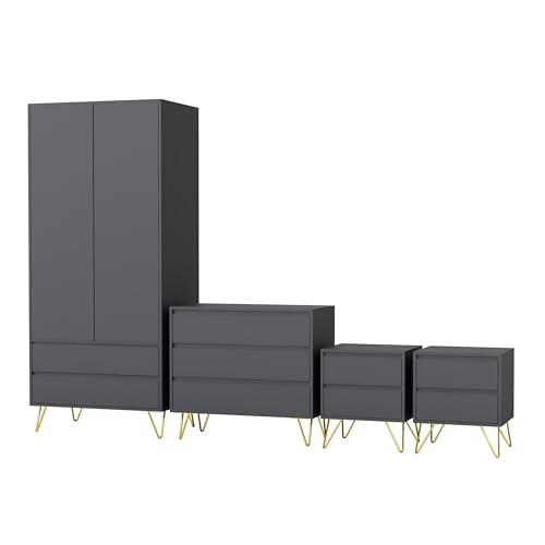 Nera Bedroom Furniture Set 4 Piece Wardrobe with Drawers Chest of Drawers Bedside Table Set with Metal Legs (Grey)