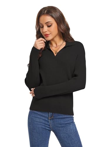 MessBebe Women's Long Sleeve Knitted Pullover Sweaters Collared V-Neck Polo Shirts Tops2