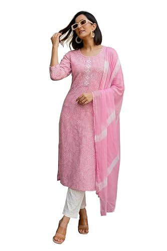 Image of MIRCHI FASHION Women's Straight Fit Pure Cotton Embellished Floral Printed Kurta Set with Dupatta and Trouser