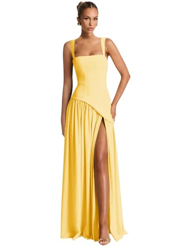 Women's Satin Bridesamaid Dresses with Slit Square Neck Prom Dress Long Formal Evening Party Gown2