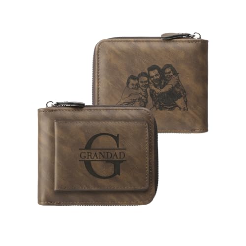 Personalized Wallet for Men Custom Engraved Leather Mens Wallet with NFC Smart Album, Store Photos & Engrave Name/Text – Unique Gift for Dad, Father,Husband, Boyfriend (Zipper Wallet)