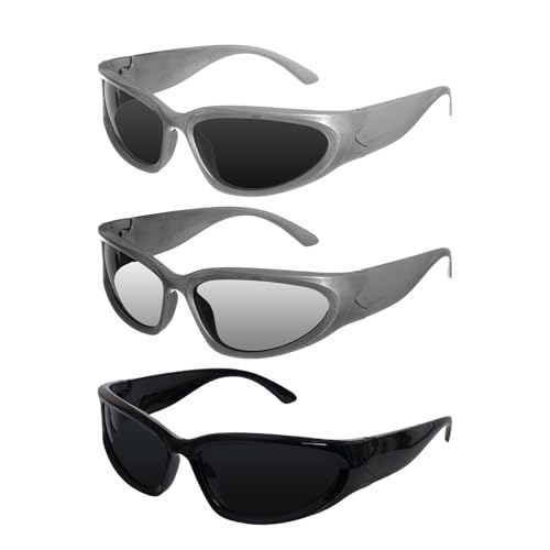 Nydotd 3 Pairs Y2K Sunglasses for Women Men Trendy Wrap Around Sunglasses Fashion Sport Shades Sun Glasses