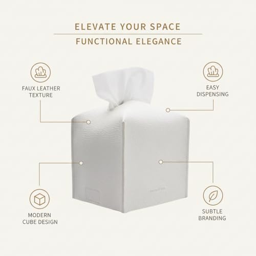 Tissue Box Cover Holder, Square with Bottom Belt by Carrot's Den - PU Leather Decorative Organizer for Tabletop, Bathroom, Car, Office | Pastel Gray