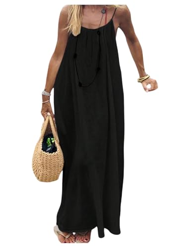 SHENHE Women's Open Back Spaghetti Strap Beach Maxi Dress Loose Flowy Vacation Sundress Black Large