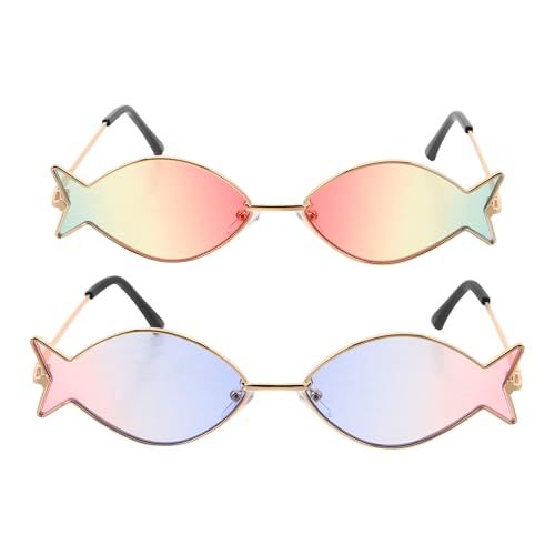 Genérico Paquete de 2 Gafas de Sol Forma de Pez, Montura Metálica Dorada, Lentes en Tonos Rosa, Amarillo y Verde Azul y Rosa, Gafas de Sol Hawaianas para Adultos Protección UV