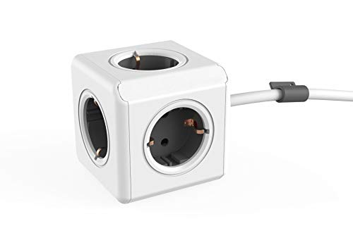 Dr. Bott Tomada multi-cubo extensível, ladrão com 5 tomadas não sobrepostas, adaptador de mesa e com cabo extensor de 1,5 m, estilo Schuko de 230 V, cinzento/branco