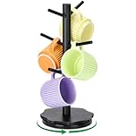 Euqvunn 360° Rotating Black Mug Tree, Kitchen Countertops Coffee Cup Holder, Sturdy Petal Wooden Base Cup Holder, Mug Holders for Kitchen Coffee Bar, Storage Rack with 6 Hooks - Black
