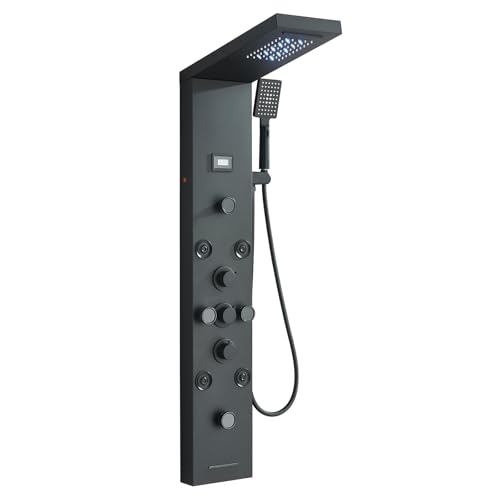 Saeuwtowy Columna de ducha LED hidromasaje, columna de ducha de acero inoxidable con 8 microchorros de masaje, sistema de ducha de pared Negro