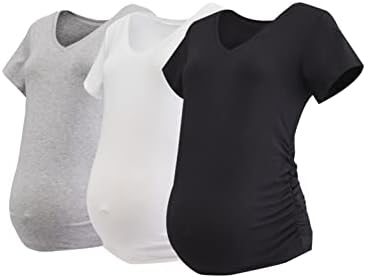Motherhood Maternity Women's Maternity Soft and Stretchy Short Sleeve Tee Shirt Pregnancy Top-1, 2, Black, White, Heather Grey 3 Pack, Medium