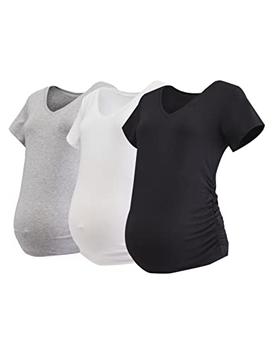 Motherhood Maternity Women's Maternity Soft And Stretchy Short Sleeve Tee Shirt Pregnancy Top-1, 2, Black, White, Heather Grey 3 Pack, Medium #TOP6