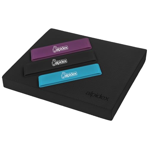 ALPIDEX Balance Pad 48x40x6 cm Balancekissen Schwarz inkl. 3 Fitnessbänder Stabilität Koordination Verbessertes Gleichgewicht Kissen Rutschfest Wackelkissen Balancegerät Gleichgewichtstrainer