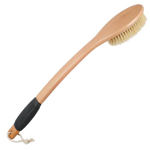 OWIIZI Back Scrubber Brush for Shower, Long Stiff Bristle Body Bath Brushes, Wooden Curved Long Handle Skin Exfoliator for Men Women Wet or Dry Use