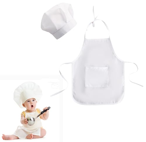 Image of Sndperiexam 1 Set White Baby Apron and Chef Hat Infant Mini Chef Outfit Toddler White Baker Costume photoshoot props newborn photography outfit (Baby, 3-12 Months)