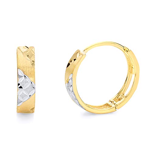 Wellingsale Ladies 14k Two 2 Tone White and Yellow Gold Polished 3mm Huggies Hoop Earrings (12 x 12mm)