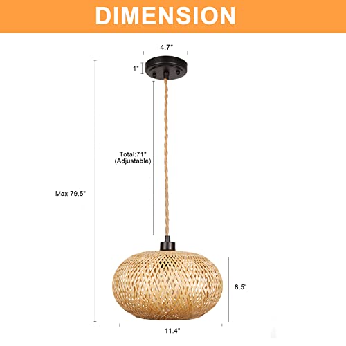 Modern Hand Woven Bamboo Pendant Light, Natural Bamboo Chandeliers Domed Shape Woven Light 1 Light Hanging Light For Kitchen Island, Living Room, Dining Room, Bedroom #TOP4