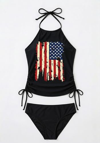 Image of Womens Two-Piece Tankini Set Cow Skull with Leopard Print Sets Swimwear Tankini Top Sets Swimwear